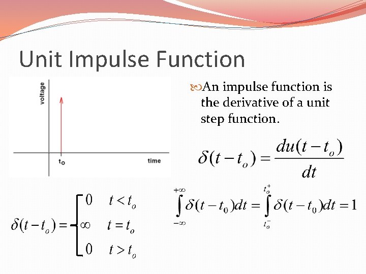 Unit Impulse Function An impulse function is the derivative of a unit step function. Unit Impulse Function An impulse function is the derivative of a unit step function.