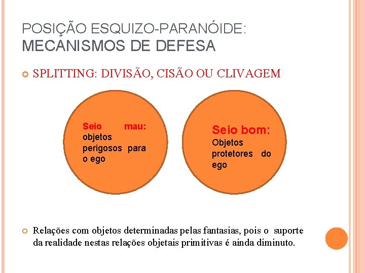 POSIÇÃO ESQUIZO-PARANÓIDE: MECANISMOS DE DEFESA SPLITTING: DIVISÃO, CISÃO OU CLIVAGEM Seio mau: objetos perigosos