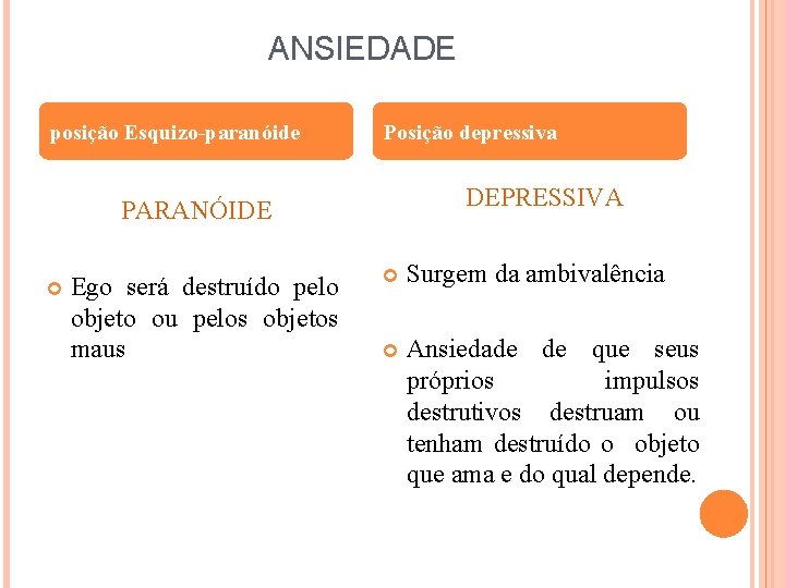 ANSIEDADE posição Esquizo-paranóide Posição depressiva DEPRESSIVA PARANÓIDE Ego será destruído pelo objeto ou pelos