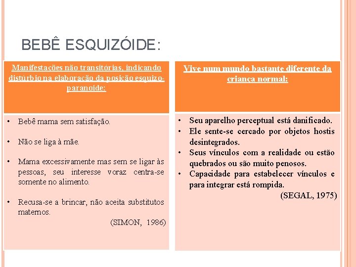 BEBÊ ESQUIZÓIDE: Manifestações não transitórias, indicando distúrbio na elaboração da posição esquizoparanoide: • Bebê