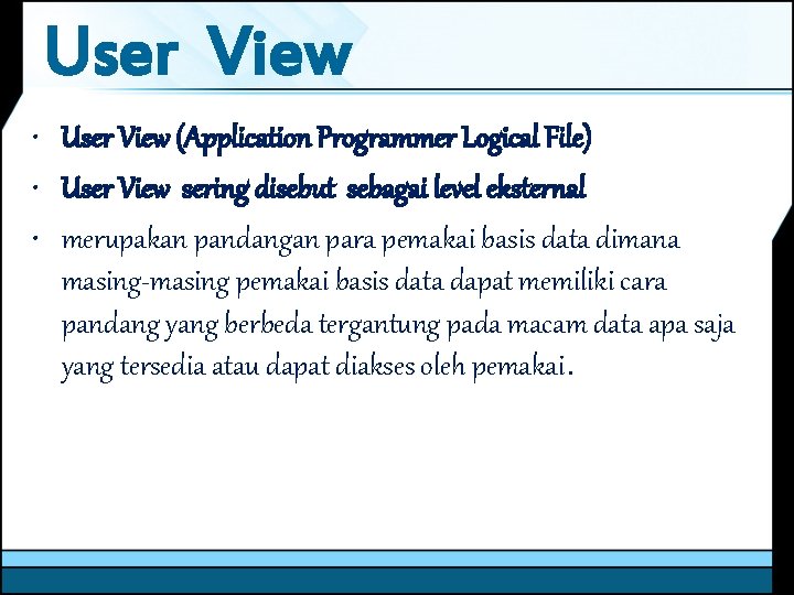 User View • User View (Application Programmer Logical File) • User View sering disebut