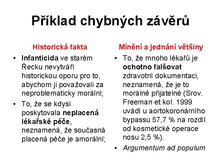 Příklad chybných závěrů Historická fakta Mínění a jednání většiny • Infanticida ve starém •