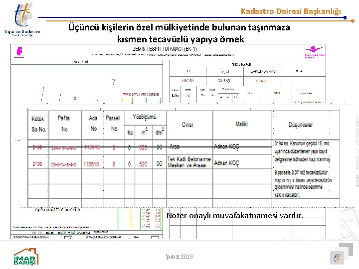 Kadastro Dairesi Başkanlığı Üçüncü kişilerin özel mülkiyetinde bulunan taşınmaza kısmen tecavüzlü yapıya örnek Noter