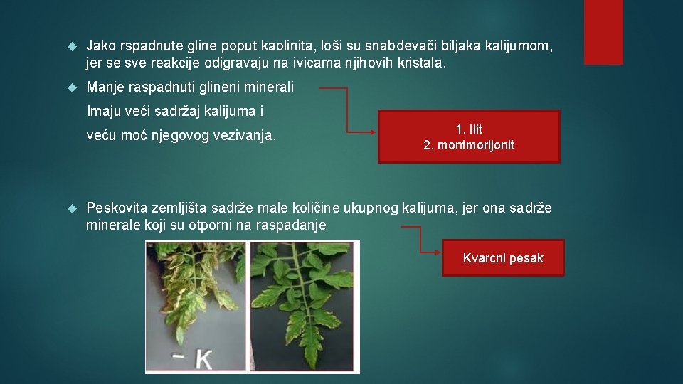  Jako rspadnute gline poput kaolinita, loši su snabdevači biljaka kalijumom, jer se sve