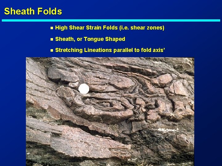 Sheath Folds n High Shear Strain Folds (i. e. shear zones) n Sheath, or