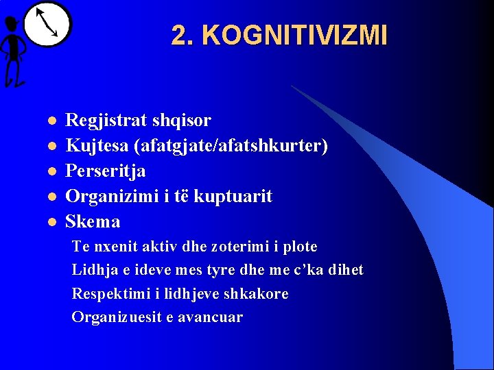 2. KOGNITIVIZMI l l l Regjistrat shqisor Kujtesa (afatgjate/afatshkurter) Perseritja Organizimi i të kuptuarit