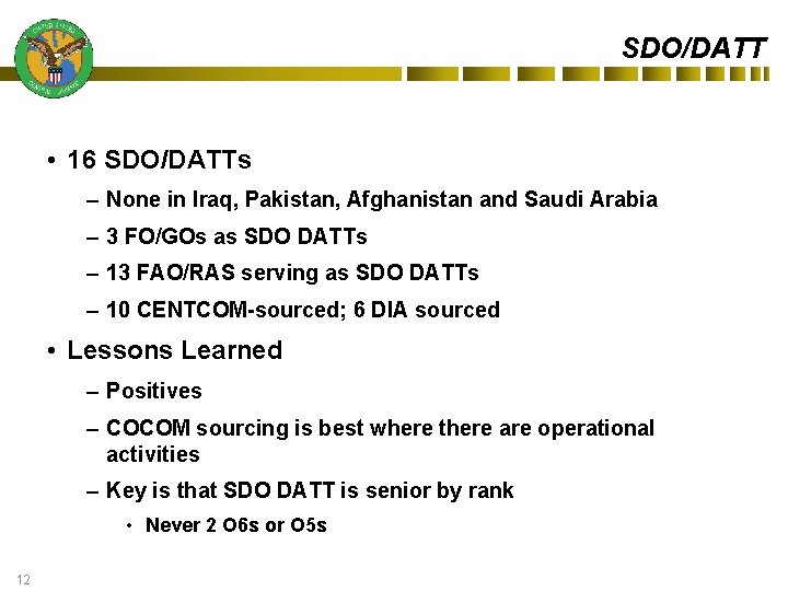 SDO/DATT • 16 SDO/DATTs – None in Iraq, Pakistan, Afghanistan and Saudi Arabia –