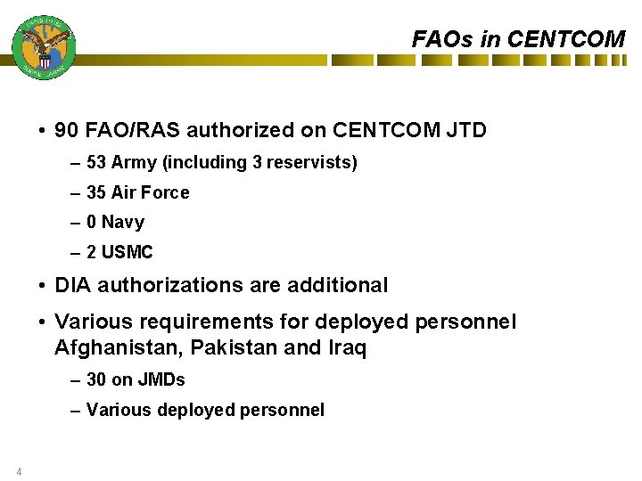 FAOs in CENTCOM • 90 FAO/RAS authorized on CENTCOM JTD – 53 Army (including