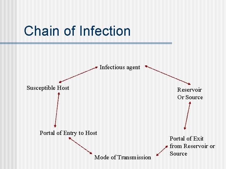 Chain of Infection Infectious agent Susceptible Host Reservoir Or Source Portal of Entry to