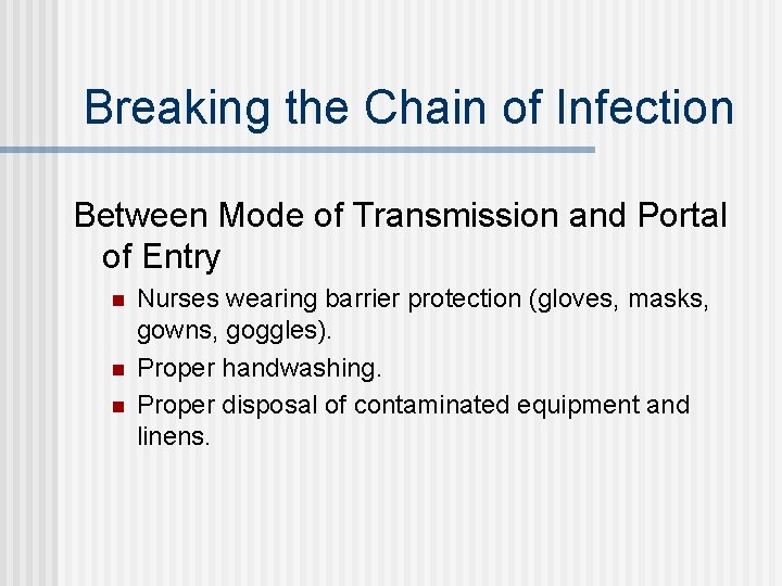 Breaking the Chain of Infection Between Mode of Transmission and Portal of Entry n