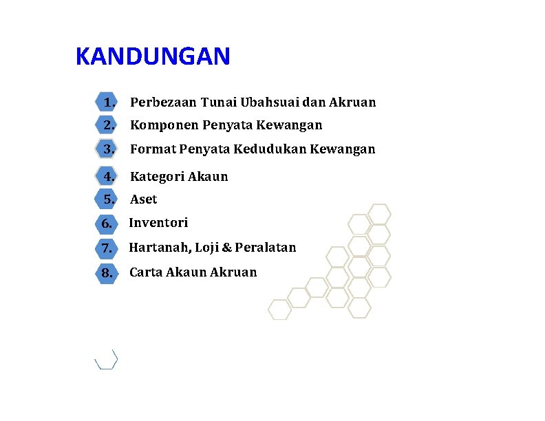 KANDUNGAN 1. Perbezaan Tunai Ubahsuai dan Akruan 2. Komponen Penyata Kewangan 3. Format Penyata