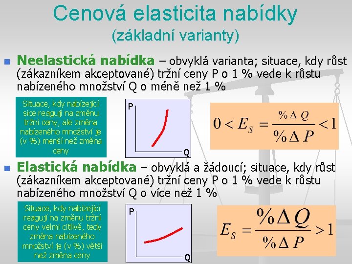 Cenová elasticita nabídky (základní varianty) n Neelastická nabídka – obvyklá varianta; situace, kdy růst