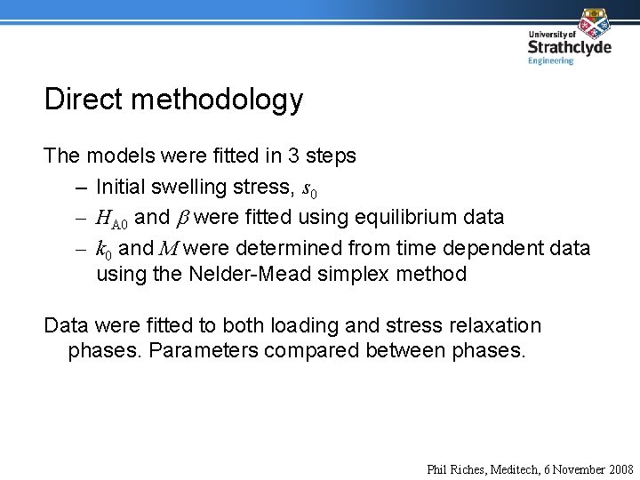 Direct methodology The models were fitted in 3 steps – Initial swelling stress, s