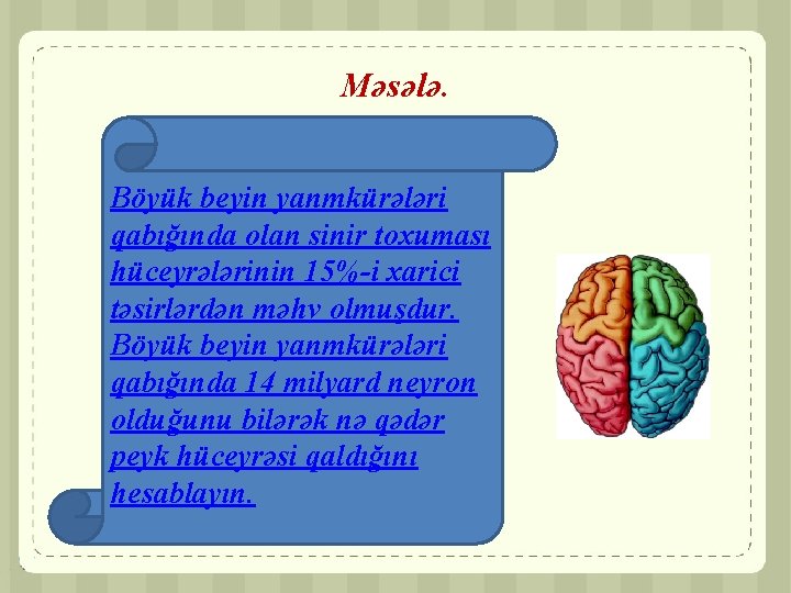 Məsələ. Böyük beyin yanmkürələri qabığında olan sinir toxuması hüceyrələrinin 15%-i xarici təsirlərdən məhv olmuşdur.