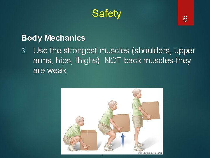 Safety 6 Body Mechanics 3. Use the strongest muscles (shoulders, upper arms, hips, thighs)