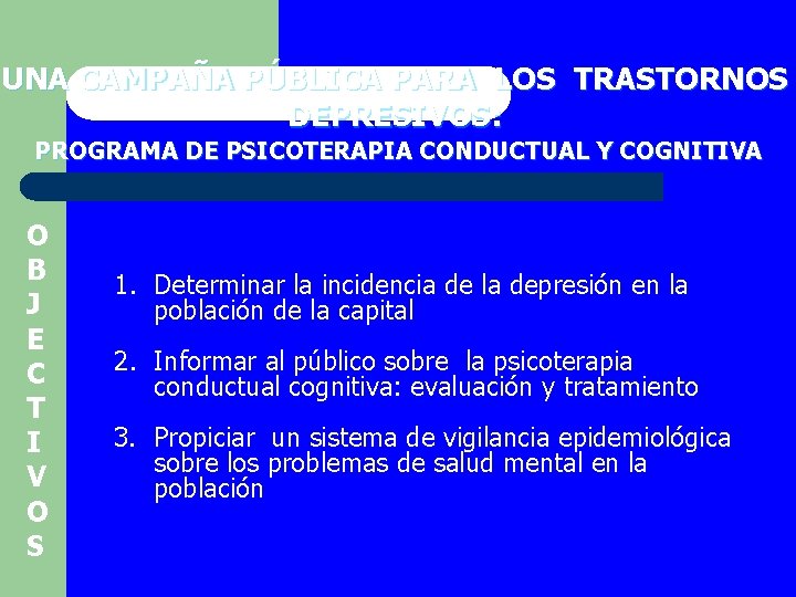 UNA CAMPAÑA PÚBLICA PARA LOS TRASTORNOS DEPRESIVOS: PROGRAMA DE PSICOTERAPIA CONDUCTUAL Y COGNITIVA O