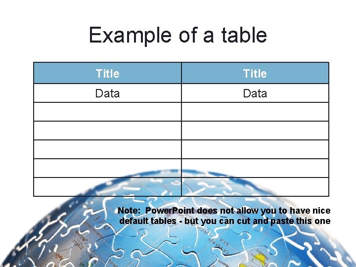 Example of a table Title Data Note: Power. Point does not allow you to