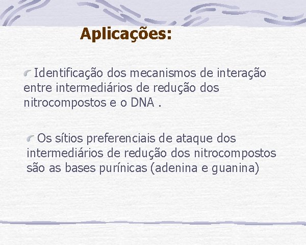 Aplicações: Identificação dos mecanismos de interação entre intermediários de redução dos nitrocompostos e o