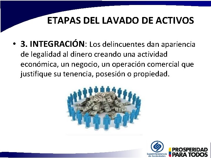 ETAPAS DEL LAVADO DE ACTIVOS • 3. INTEGRACIÓN: Los delincuentes dan apariencia de legalidad