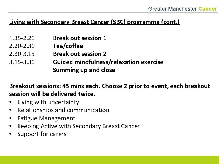 Greater Manchester Cancer Living with Secondary Breast Cancer (SBC) programme (cont. ) 1. 35