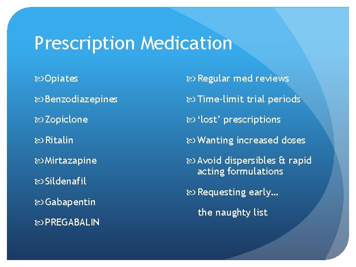 Prescription Medication Opiates Regular med reviews Benzodiazepines Time-limit trial periods Zopiclone ‘lost’ prescriptions Ritalin