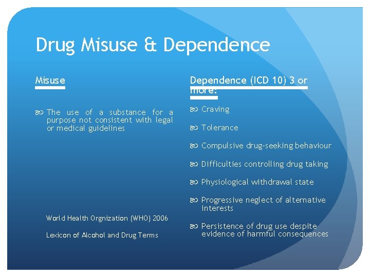 Drug Misuse & Dependence Misuse Dependence (ICD 10) 3 or more: The use of