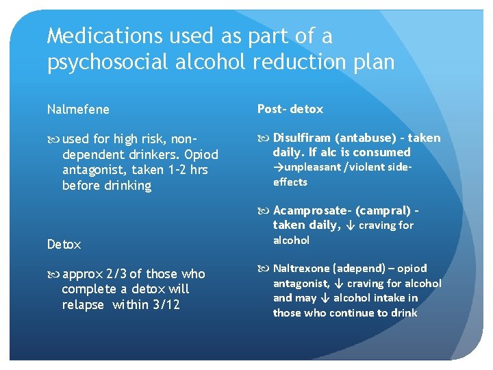 Medications used as part of a psychosocial alcohol reduction plan Nalmefene Post- detox used