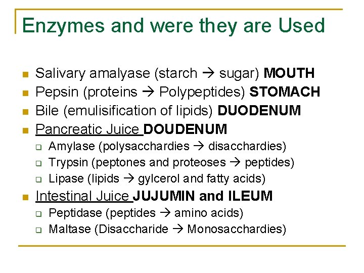 Enzymes and were they are Used n n Salivary amalyase (starch sugar) MOUTH Pepsin