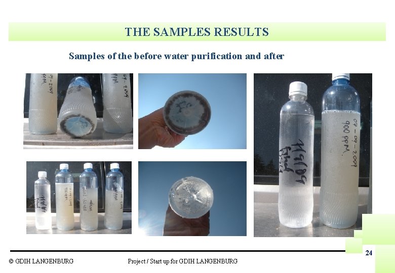 THE SAMPLES RESULTS Samples of the before water purification and after 24 © GDIH