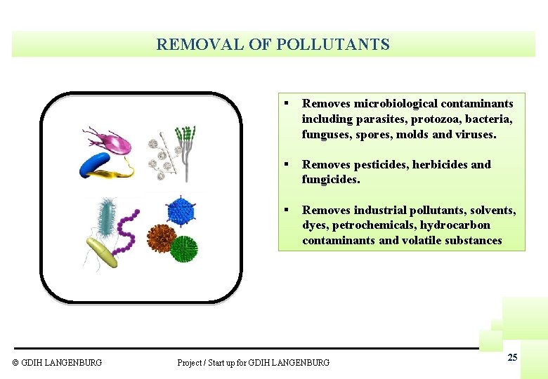 REMOVAL OF POLLUTANTS § Removes microbiological contaminants including parasites, protozoa, bacteria, funguses, spores, molds