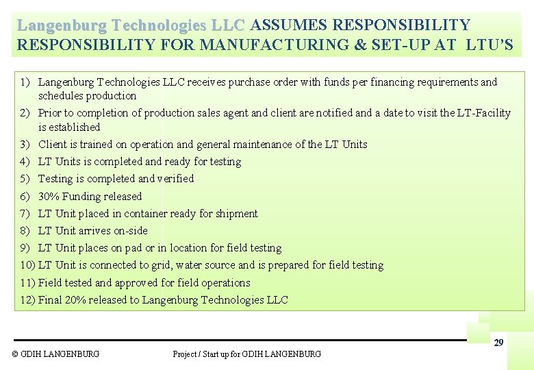 Langenburg Technologies LLC ASSUMES RESPONSIBILITY FOR MANUFACTURING & SET-UP AT LTU’S 1) Langenburg Technologies