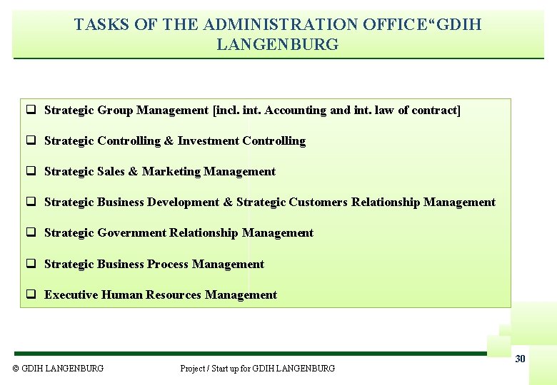 TASKS OF THE ADMINISTRATION OFFICE“GDIH LANGENBURG q Strategic Group Management [incl. int. Accounting and