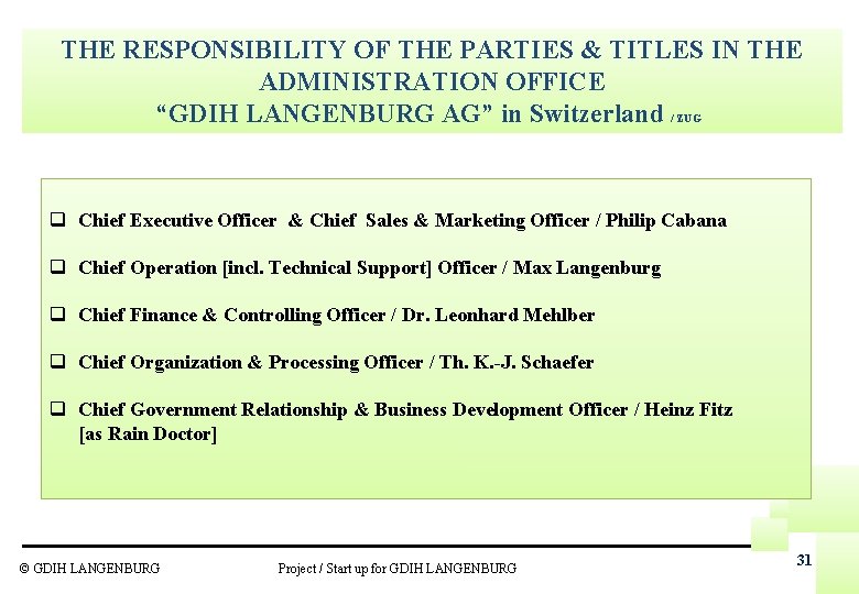 THE RESPONSIBILITY OF THE PARTIES & TITLES IN THE ADMINISTRATION OFFICE “GDIH LANGENBURG AG”