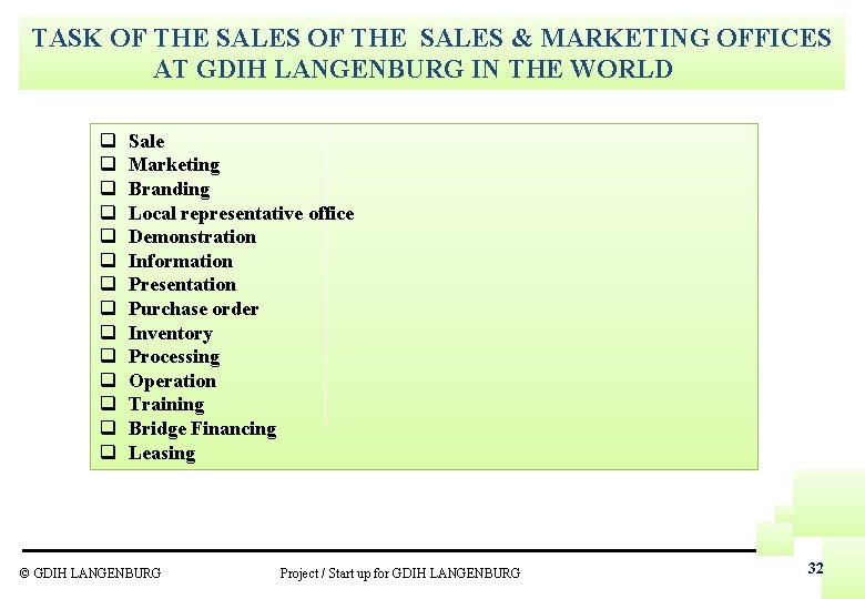 TASK OF THE SALES & MARKETING OFFICES AT GDIH LANGENBURG IN THE WORLD q