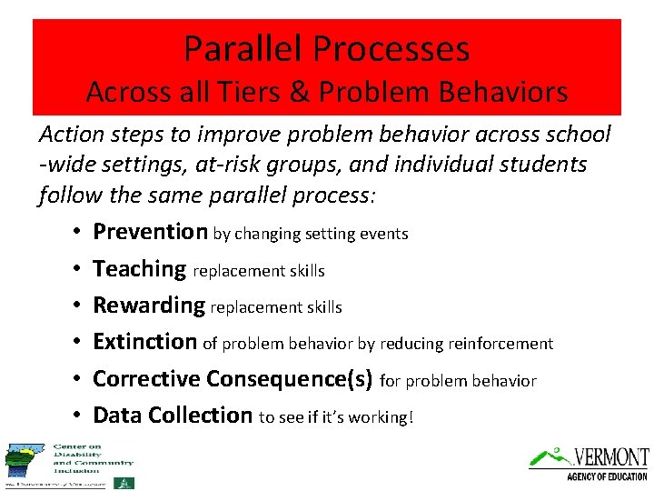 Parallel Processes Across all Tiers & Problem Behaviors Action steps to improve problem behavior