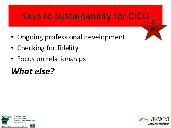 Keys to Sustainability for CICO • Ongoing professional development • Checking for fidelity •