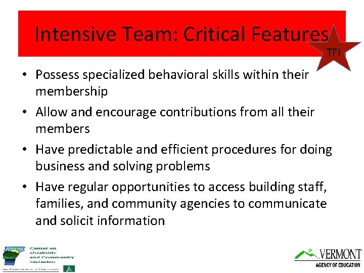 Intensive Team: Critical Features TFI • Possess specialized behavioral skills within their membership •