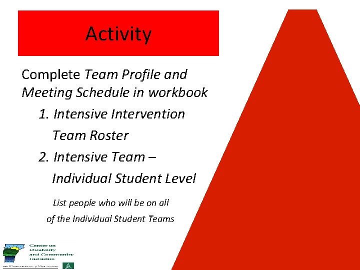 Activity Complete Team Profile and Meeting Schedule in workbook 1. Intensive Intervention Team Roster