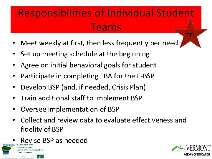 Responsibilities of Individual Student Teams TFI Meet weekly at first, then less frequently per
