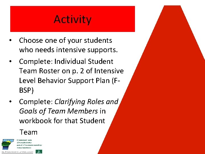 Activity • Choose one of your students who needs intensive supports. • Complete: Individual