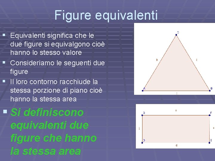 Figure equivalenti § Equivalenti significa che le due figure si equivalgono cioè hanno lo Figure equivalenti § Equivalenti significa che le due figure si equivalgono cioè hanno lo
