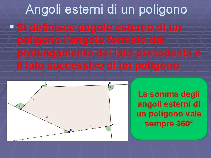 Angoli esterni di un poligono § Si definisce angolo esterno di un poligono l’angolo Angoli esterni di un poligono § Si definisce angolo esterno di un poligono l’angolo