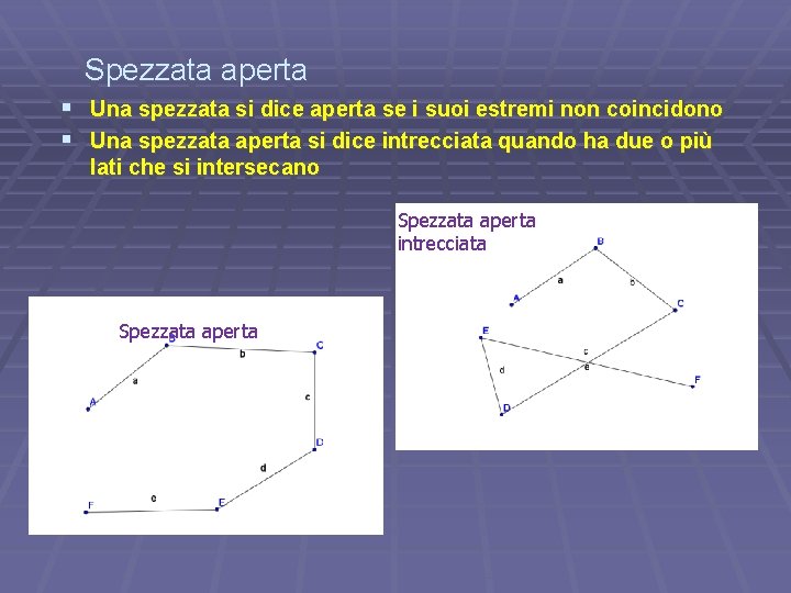Spezzata aperta § Una spezzata si dice aperta se i suoi estremi non coincidono Spezzata aperta § Una spezzata si dice aperta se i suoi estremi non coincidono
