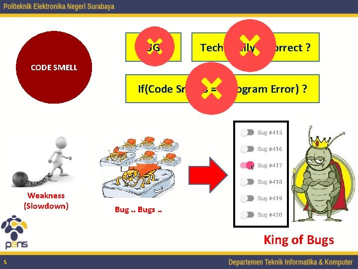 BUG ? Technically Incorrect ? CODE SMELL If(Code Smells == Program Error) ? Weakness