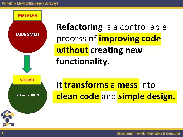 MASALAH CODE SMELL SOLUSI REFACTORING 6 Refactoring is a controllable process of improving code