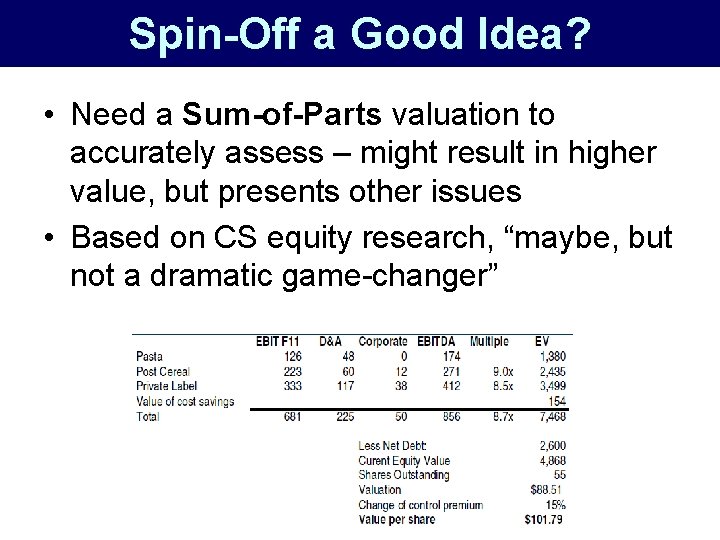 Spin-Off a Good Idea? • Need a Sum-of-Parts valuation to accurately assess – might