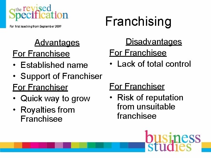Franchising Advantages For Franchisee • Established name • Support of Franchiser For Franchiser • Franchising Advantages For Franchisee • Established name • Support of Franchiser For Franchiser •
