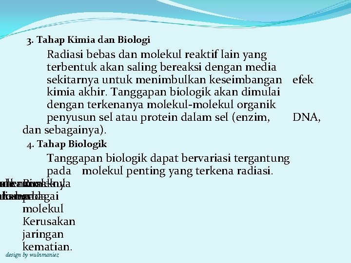 3. Tahap Kimia dan Biologi Radiasi bebas dan molekul reaktif lain yang terbentuk akan