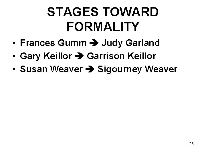 STAGES TOWARD FORMALITY • Frances Gumm Judy Garland • Gary Keillor Garrison Keillor •