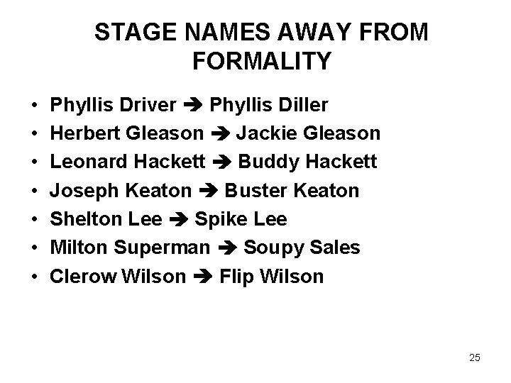 STAGE NAMES AWAY FROM FORMALITY • • Phyllis Driver Phyllis Diller Herbert Gleason Jackie